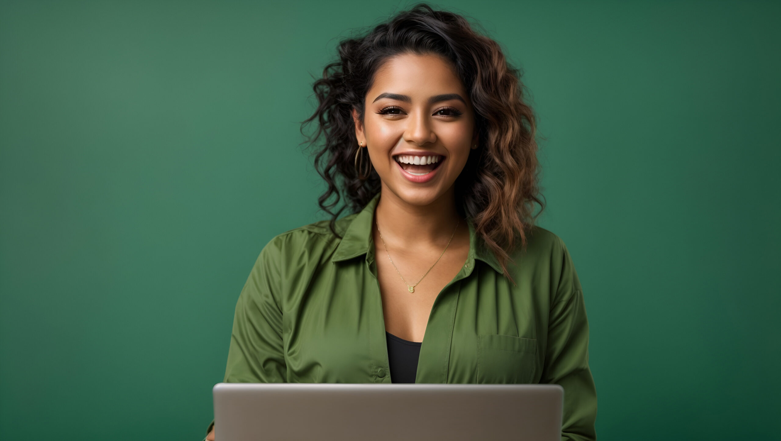 Young happy Latin woman winner holding a laptop isolated on a green background. Excited euphoric female model using computer winning online celebrating new great job offer with yes gesture concept.